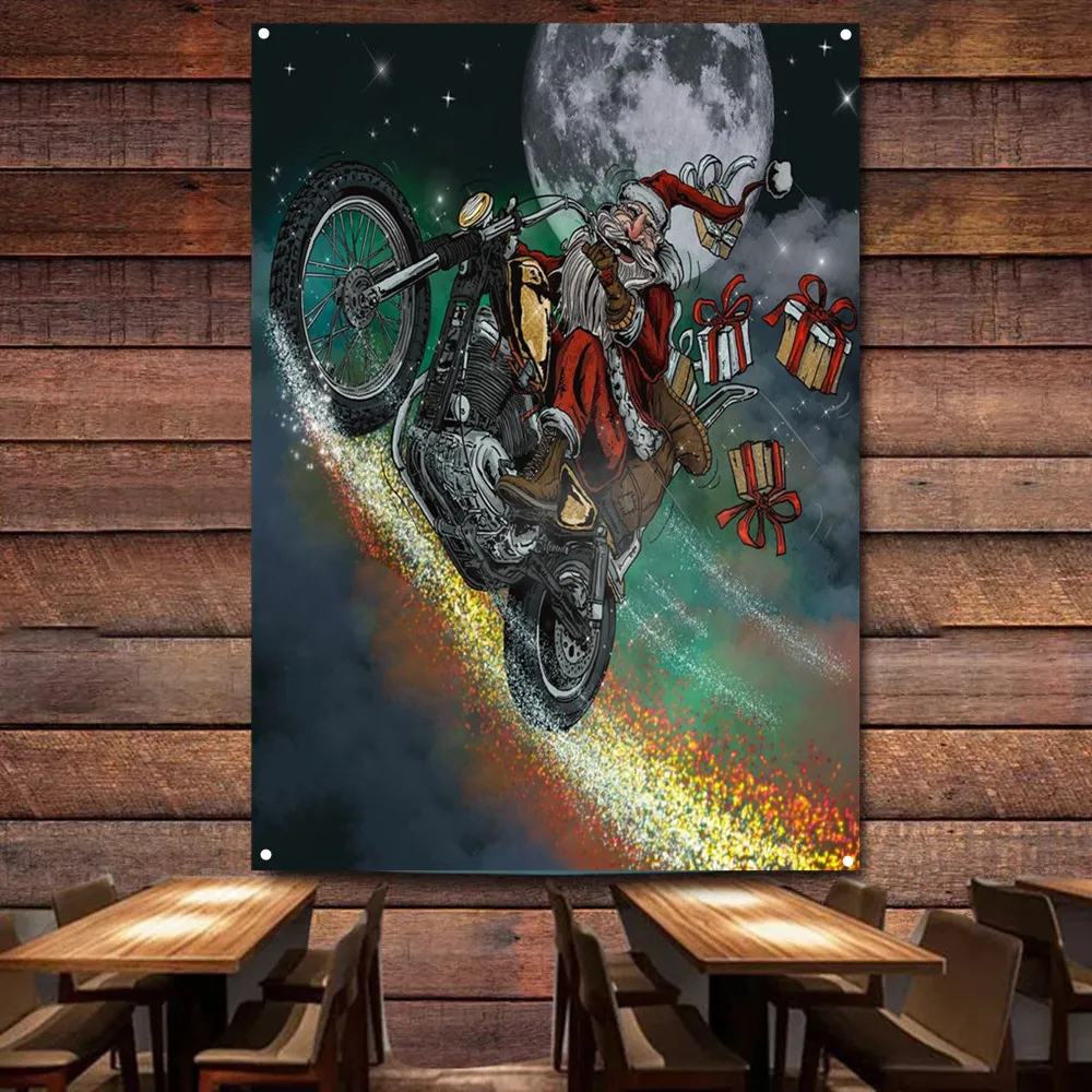 Auto Repair Shop Banners - Weihnachtsmann, der ein Motorrad fahren, Vintage-Dekor,